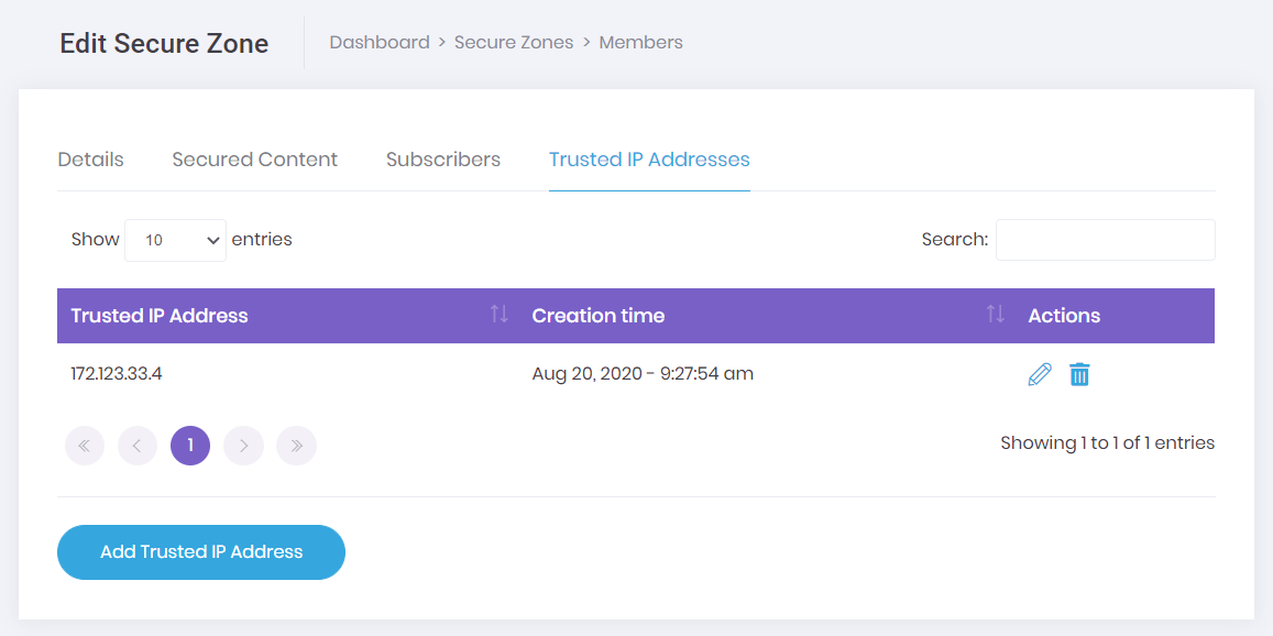 Secure Zone Trusted IP Addresses page screenshot