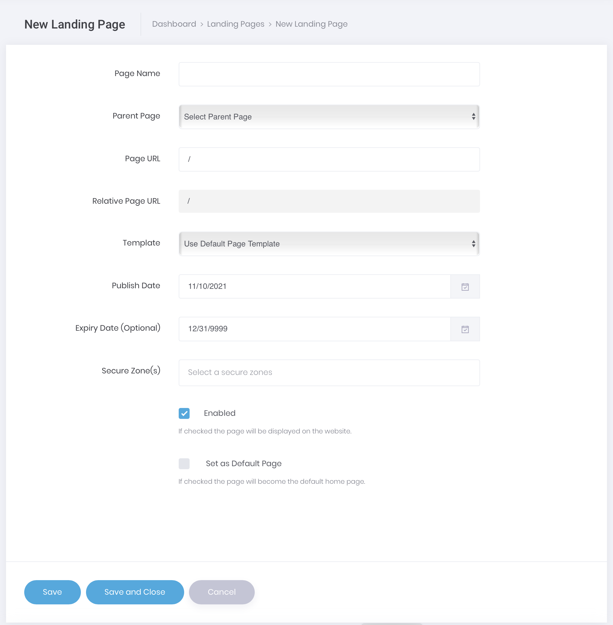 Setting up a Landing Page screenshot