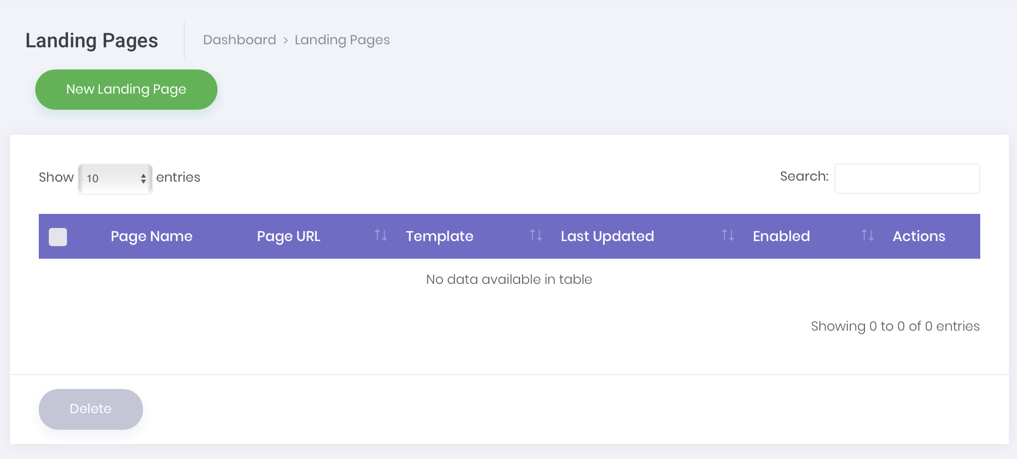 Landing Page table list screenshot