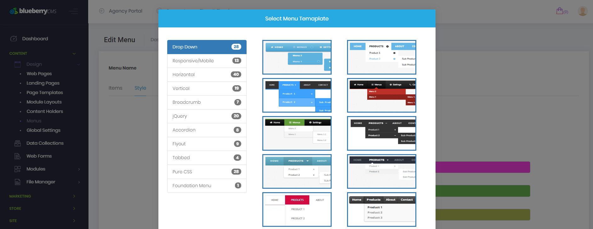 Pre-defined menu templates