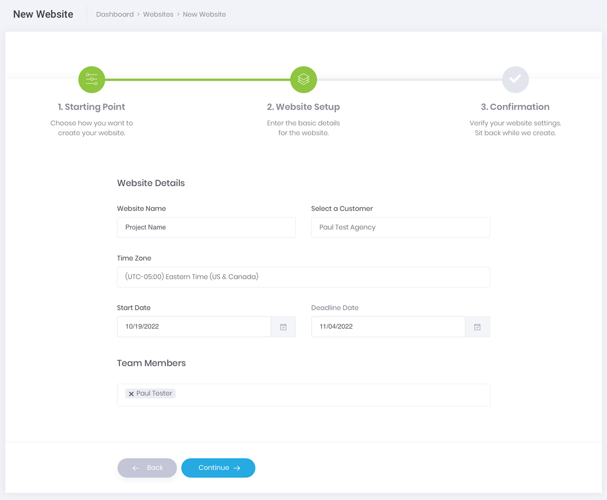 Create new website Step 2 Project Details screenshot