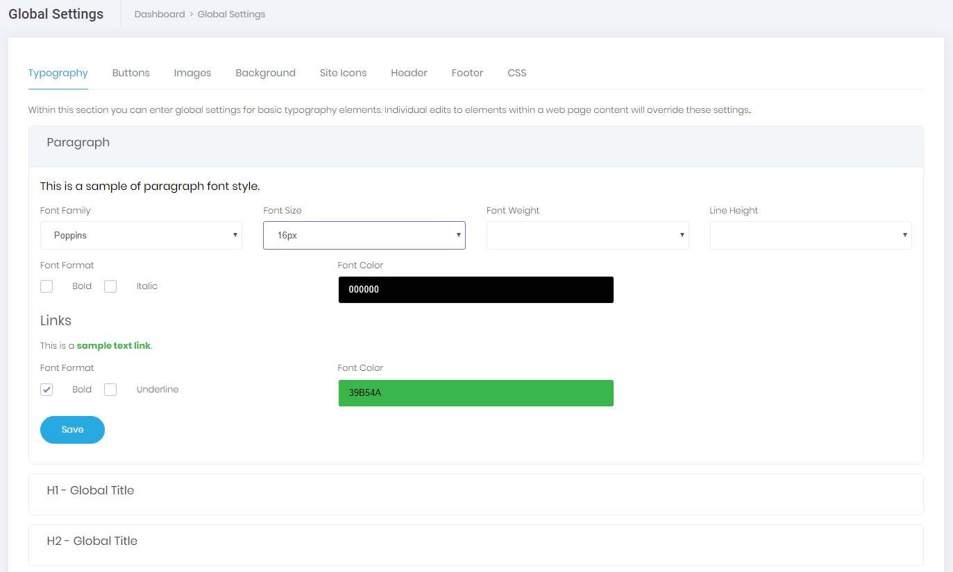 Global Settings Typography tab screenshot