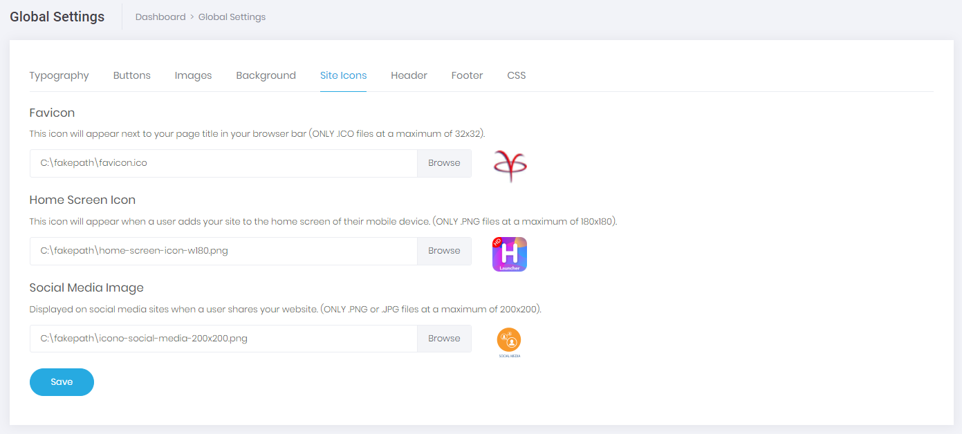 Global Settings Site Icons tab screenshot