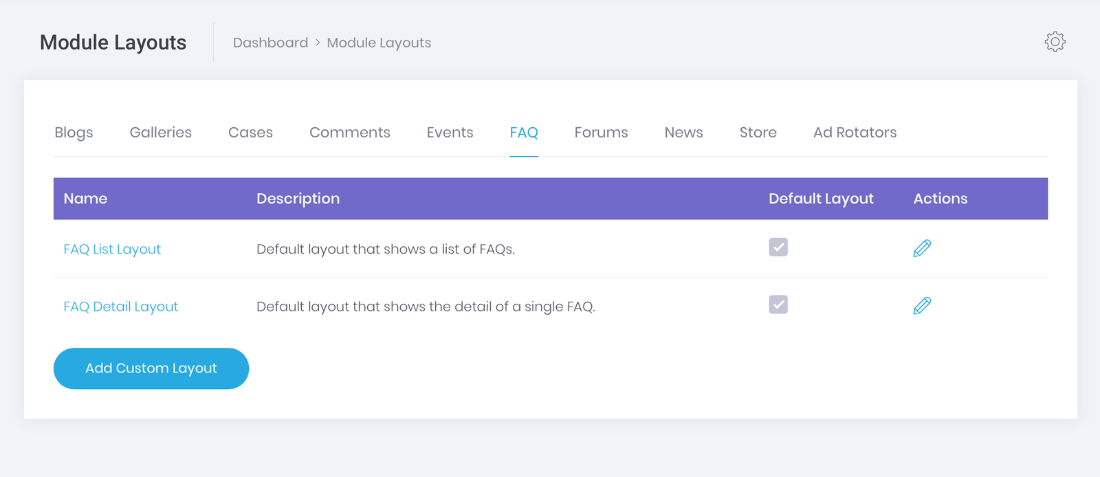 FAQ module layouts screenshot